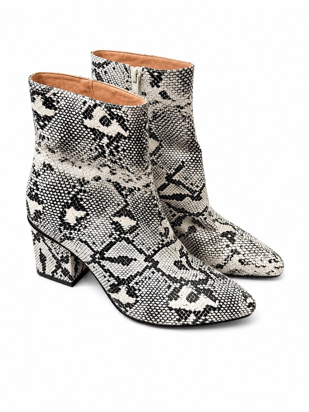 WEIXISS  Snake-Print Block Heel Ankle Boots - White/Black size 7.5